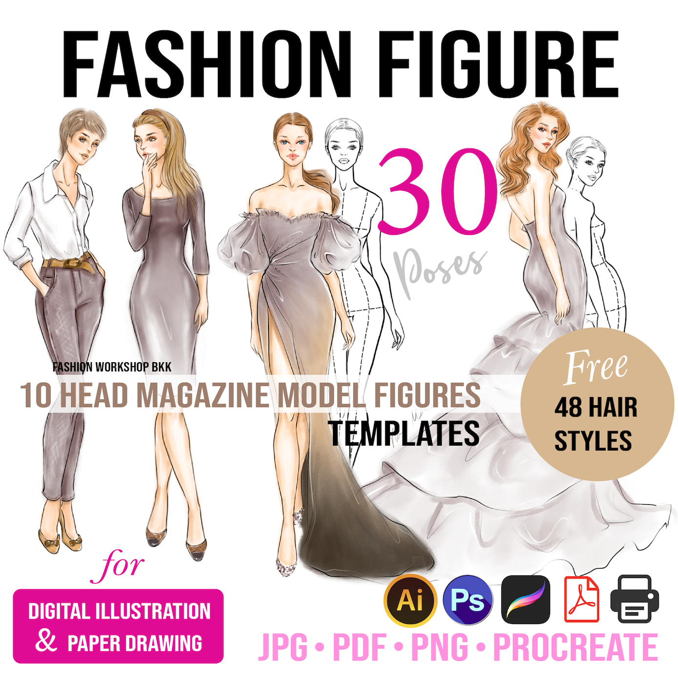 Digital 10 Head Fashion Figure Templates. 30 Poses. PDF Printable, PNG,  Procreate Stamp Brushes. 2nd Edition. By Nhoo Matthews. – Nhoo Matthews