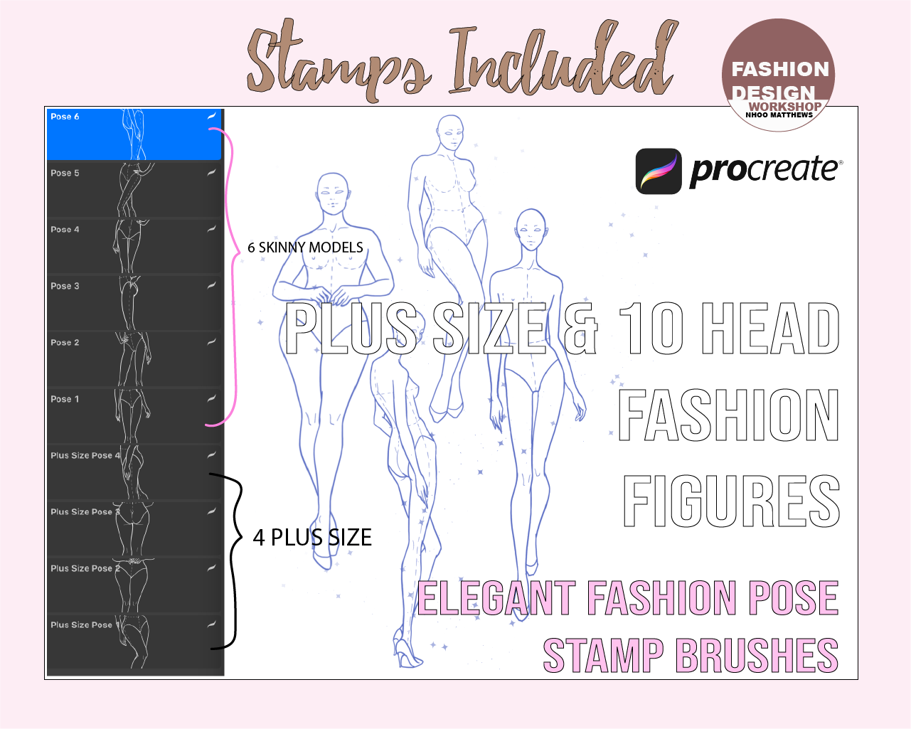 Procreate ELEGANT POSES Fashion Figure Templates Plus Size & Skinny Model  Procreate Stamp Brushes