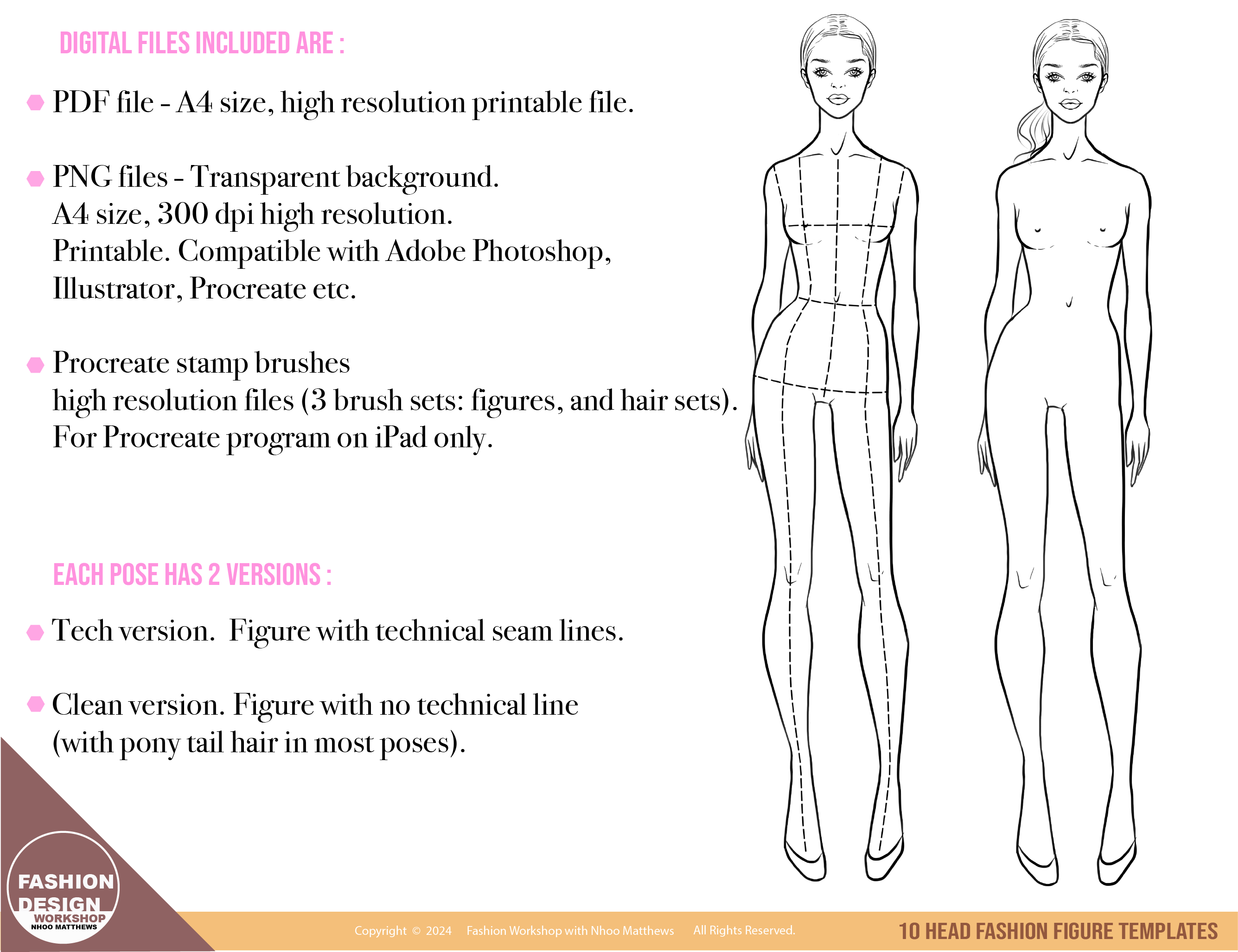 Digital 10 Head Fashion Figure Templates. 15 Poses. PDF Printable, PNG ...