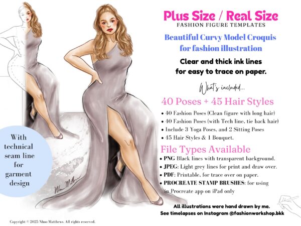 Plus Size / Real Size Fashion Figure Templates. 40 Poses. JPG, PDF, PNG, Procreate Stamp Brushes. 2nd Edition - Image 2