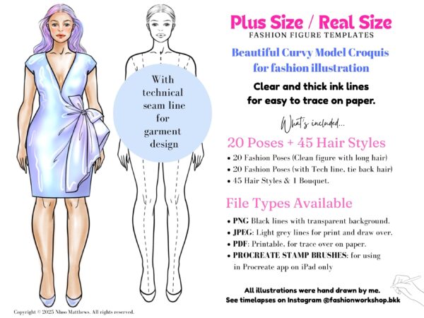 Plus Size / Real Size Fashion Figure Templates. 20 Poses. JPG, PDF, PNG, Procreate Stamp Brushes. 2nd Edition - Image 2