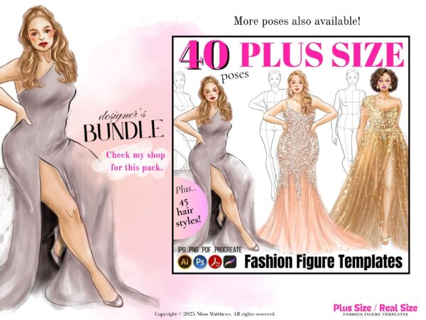 Plus Size / Real Size Fashion Figure Templates. 20 Poses. JPG, PDF, PNG, Procreate Stamp Brushes. 2nd Edition - Image 10