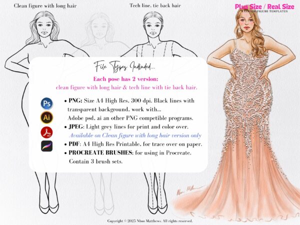 Plus Size / Real Size Fashion Figure Templates. 40 Poses. JPG, PDF, PNG, Procreate Stamp Brushes. 2nd Edition - Image 3