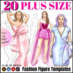 Plus Size / Real Size Fashion Figure Templates. 20 Poses. JPG, PDF, PNG, Procreate Stamp Brushes. 2nd Edition