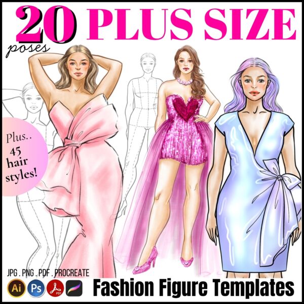 Plus Size / Real Size Fashion Figure Templates. 20 Poses. JPG, PDF, PNG, Procreate Stamp Brushes. 2nd Edition