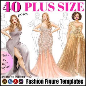 Plus Size / Real Size Fashion Figure Templates. 40 Poses. JPG, PDF, PNG, Procreate Stamp Brushes. 2nd Edition