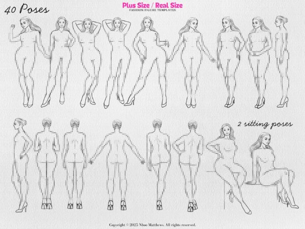Plus Size / Real Size Fashion Figure Templates. 40 Poses. JPG, PDF, PNG, Procreate Stamp Brushes. 2nd Edition - Image 9