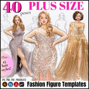 Plus Size / Real Size Fashion Figure Templates. 40 Poses. JPG, PDF, PNG, Procreate Stamp Brushes. 2nd Edition