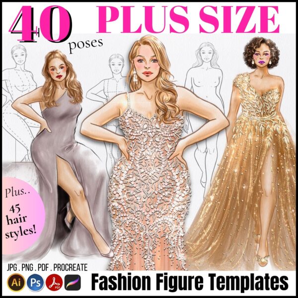 Plus Size / Real Size Fashion Figure Templates. 40 Poses. JPG, PDF, PNG, Procreate Stamp Brushes. 2nd Edition